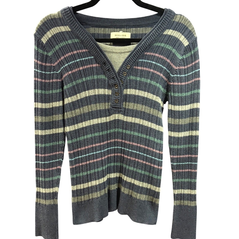 Womens Large Y2K Striped Ribbed Henley Top Blue Green Long Cozy Bella Swan L